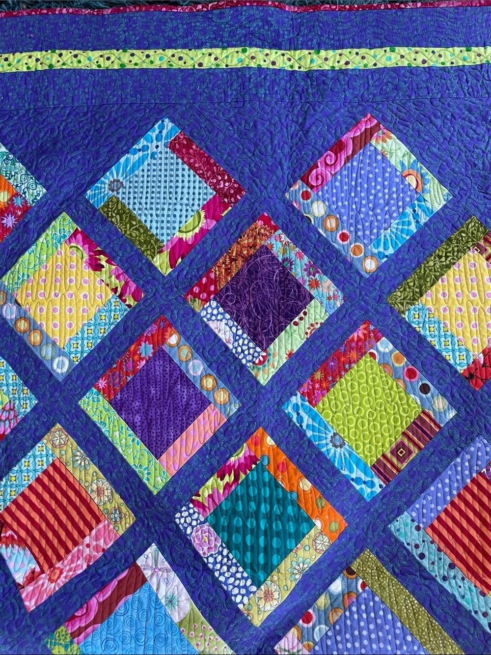 Vibrant Patchwork hand made Diamond Quilt in Purple and green- size 65” x 48”